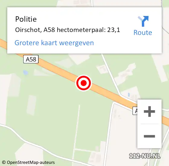 Locatie op kaart van de 112 melding: Politie Oirschot, A58 hectometerpaal: 23,1 op 7 juni 2024 20:45