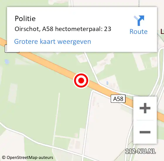 Locatie op kaart van de 112 melding: Politie Oirschot, A58 hectometerpaal: 23 op 7 juni 2024 20:48