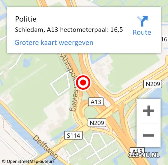 Locatie op kaart van de 112 melding: Politie Schiedam, A13 hectometerpaal: 16,5 op 8 juni 2024 01:52