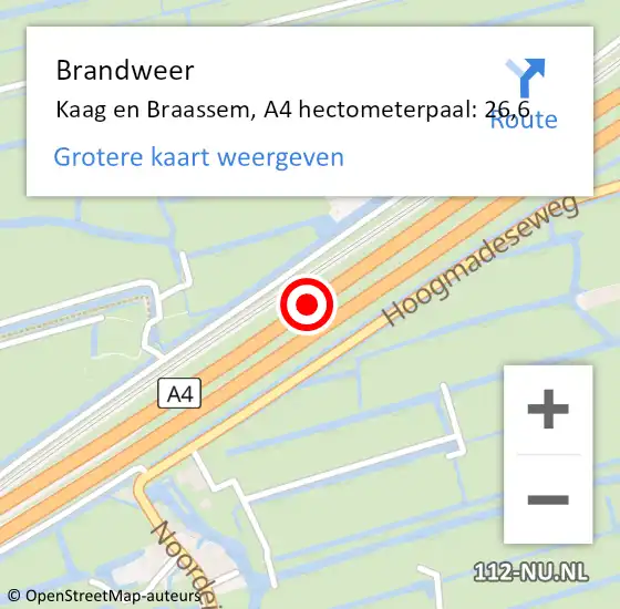 Locatie op kaart van de 112 melding: Brandweer Kaag en Braassem, A4 hectometerpaal: 26,6 op 8 juni 2024 05:38