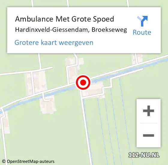 Locatie op kaart van de 112 melding: Ambulance Met Grote Spoed Naar Hardinxveld-Giessendam, Broekseweg op 8 juni 2024 06:03