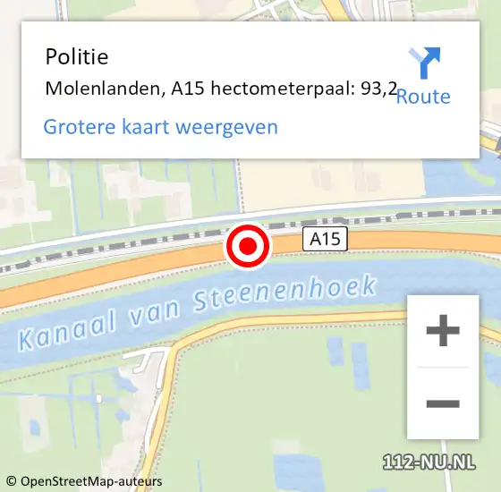 Locatie op kaart van de 112 melding: Politie Molenlanden, A15 hectometerpaal: 93,2 op 8 juni 2024 07:27