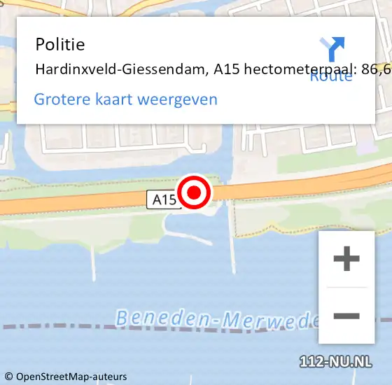 Locatie op kaart van de 112 melding: Politie Hardinxveld-Giessendam, A15 hectometerpaal: 86,6 op 8 juni 2024 10:37