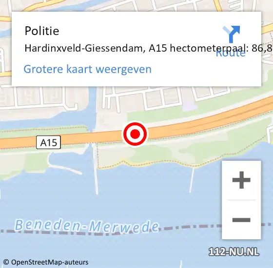 Locatie op kaart van de 112 melding: Politie Hardinxveld-Giessendam, A15 hectometerpaal: 86,8 op 8 juni 2024 10:38