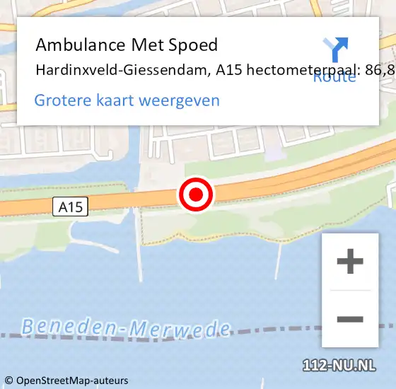 Locatie op kaart van de 112 melding: Ambulance Met Spoed Naar Hardinxveld-Giessendam, A15 hectometerpaal: 86,8 op 8 juni 2024 10:38