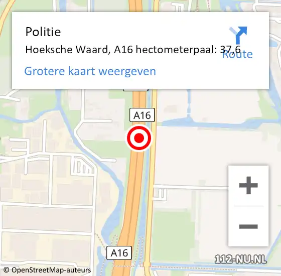 Locatie op kaart van de 112 melding: Politie Hoeksche Waard, A16 hectometerpaal: 37,6 op 8 juni 2024 12:57