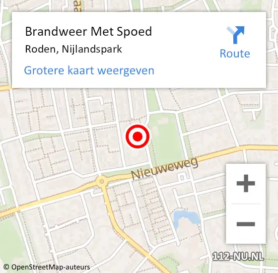 Locatie op kaart van de 112 melding: Brandweer Met Spoed Naar Roden, Nijlandspark op 8 juni 2024 13:45