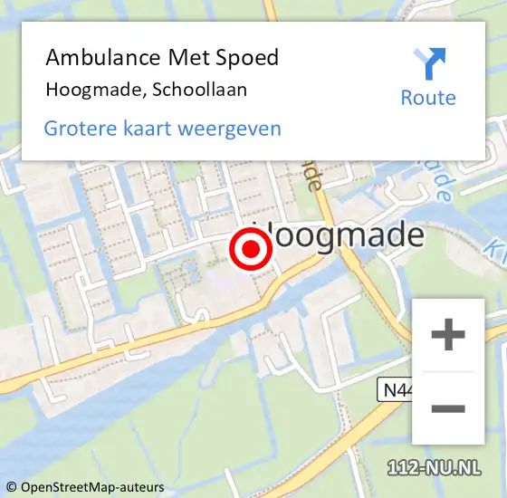 Locatie op kaart van de 112 melding: Ambulance Met Spoed Naar Hoogmade, Schoollaan op 8 juni 2024 13:47