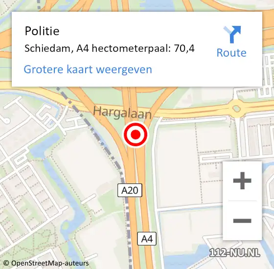 Locatie op kaart van de 112 melding: Politie Schiedam, A4 hectometerpaal: 70,4 op 8 juni 2024 14:13