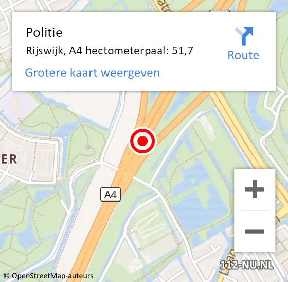Locatie op kaart van de 112 melding: Politie Rijswijk, A4 hectometerpaal: 51,7 op 8 juni 2024 17:16