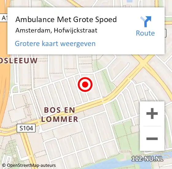 Locatie op kaart van de 112 melding: Ambulance Met Grote Spoed Naar Amsterdam, Hofwijckstraat op 8 juni 2024 17:32