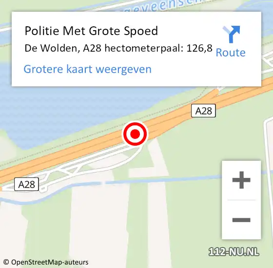 Locatie op kaart van de 112 melding: Politie Met Grote Spoed Naar De Wolden, A28 hectometerpaal: 126,8 op 8 juni 2024 17:39