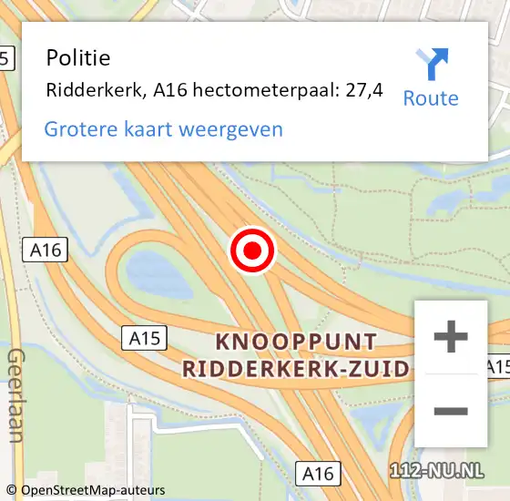 Locatie op kaart van de 112 melding: Politie Ridderkerk, A16 hectometerpaal: 27,4 op 8 juni 2024 19:25