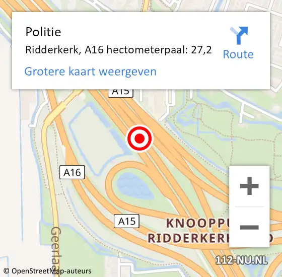 Locatie op kaart van de 112 melding: Politie Ridderkerk, A16 hectometerpaal: 27,2 op 8 juni 2024 19:26