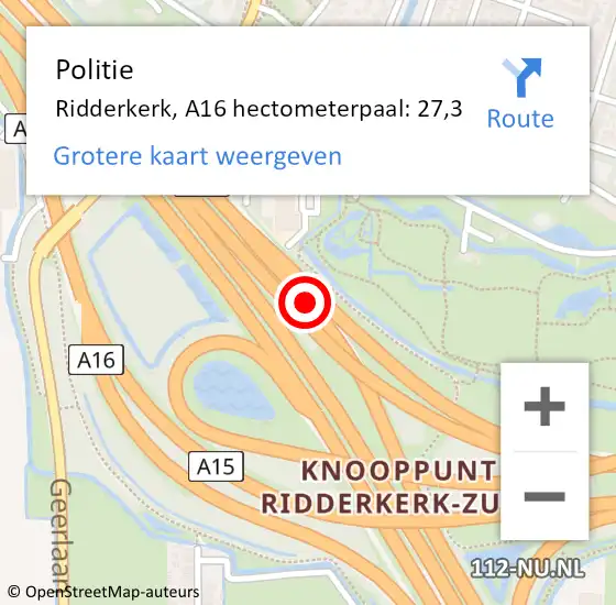 Locatie op kaart van de 112 melding: Politie Ridderkerk, A16 hectometerpaal: 27,3 op 8 juni 2024 19:30