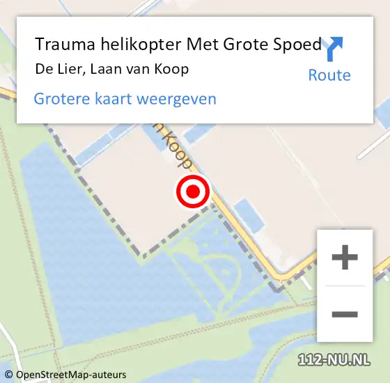 Locatie op kaart van de 112 melding: Trauma helikopter Met Grote Spoed Naar De Lier, Laan van Koop op 8 juni 2024 22:07