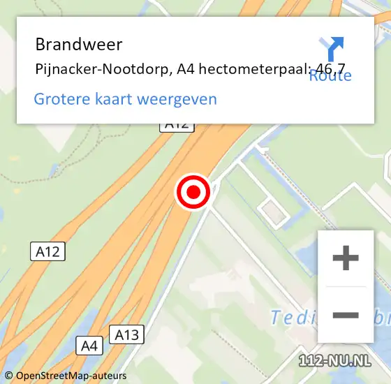 Locatie op kaart van de 112 melding: Brandweer Pijnacker-Nootdorp, A4 hectometerpaal: 46,7 op 8 juni 2024 23:21