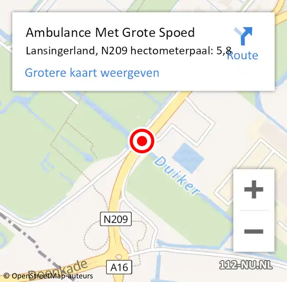 Locatie op kaart van de 112 melding: Ambulance Met Grote Spoed Naar Lansingerland, N209 hectometerpaal: 5,8 op 9 juni 2024 00:12