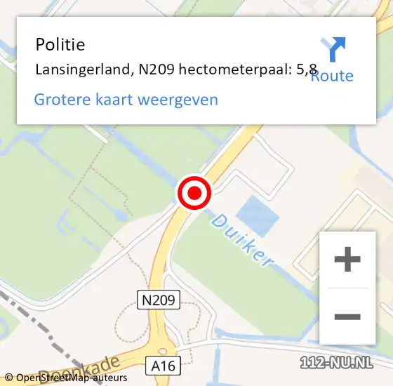 Locatie op kaart van de 112 melding: Politie Lansingerland, N209 hectometerpaal: 5,8 op 9 juni 2024 00:14