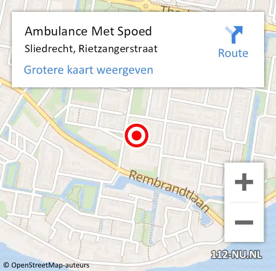 Locatie op kaart van de 112 melding: Ambulance Met Spoed Naar Sliedrecht, Rietzangerstraat op 9 juni 2024 02:08