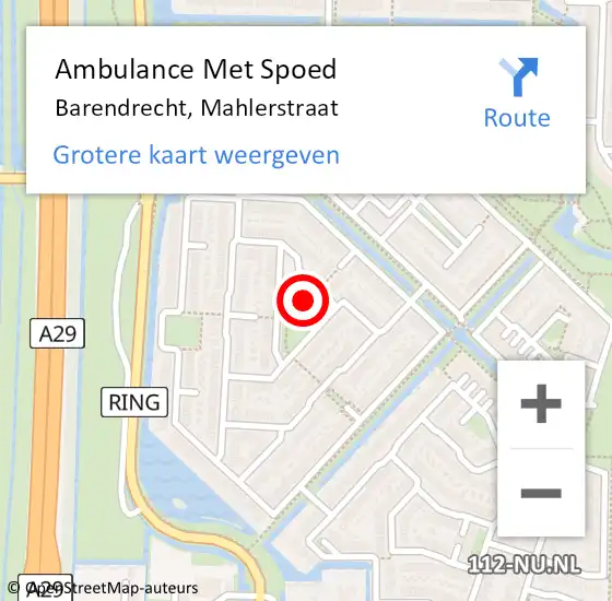 Locatie op kaart van de 112 melding: Ambulance Met Spoed Naar Barendrecht, Mahlerstraat op 9 juni 2024 03:07