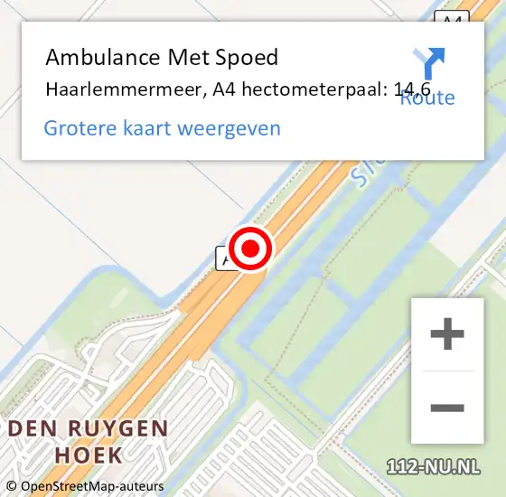 Locatie op kaart van de 112 melding: Ambulance Met Spoed Naar Haarlemmermeer, A4 hectometerpaal: 14,6 op 9 juni 2024 07:01