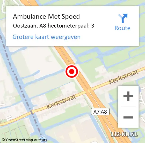 Locatie op kaart van de 112 melding: Ambulance Met Spoed Naar Oostzaan, A8 hectometerpaal: 3 op 9 juni 2024 09:01
