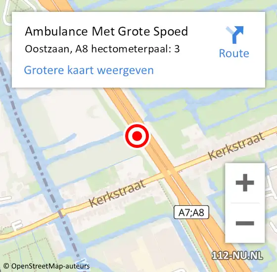 Locatie op kaart van de 112 melding: Ambulance Met Grote Spoed Naar Oostzaan, A8 hectometerpaal: 3 op 9 juni 2024 09:10