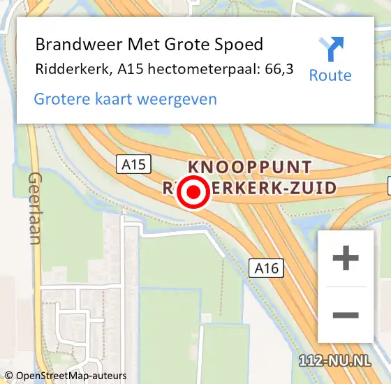 Locatie op kaart van de 112 melding: Brandweer Met Grote Spoed Naar Ridderkerk, A15 hectometerpaal: 66,3 op 9 juni 2024 09:11