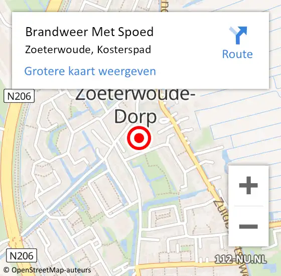 Locatie op kaart van de 112 melding: Brandweer Met Spoed Naar Zoeterwoude, Kosterspad op 9 juni 2024 10:45