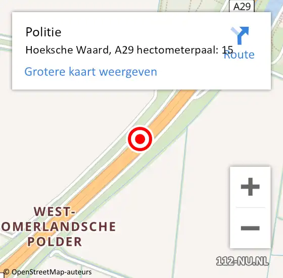 Locatie op kaart van de 112 melding: Politie Hoeksche Waard, A29 hectometerpaal: 15 op 9 juni 2024 11:57