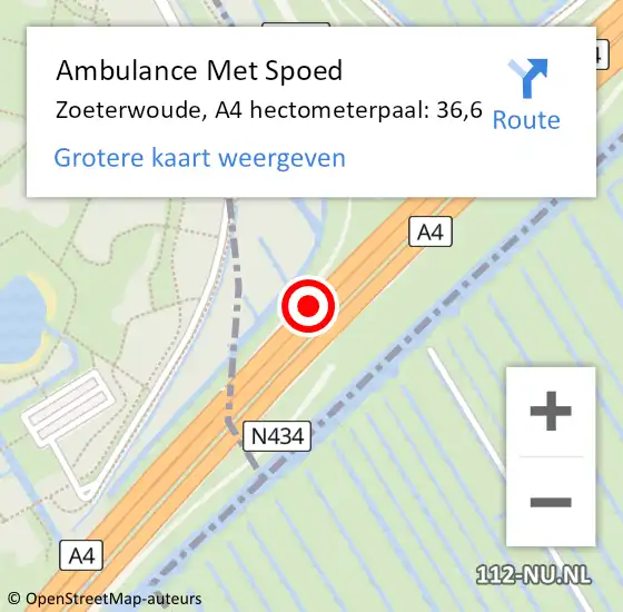 Locatie op kaart van de 112 melding: Ambulance Met Spoed Naar Zoeterwoude, A4 hectometerpaal: 36,6 op 9 juni 2024 12:27