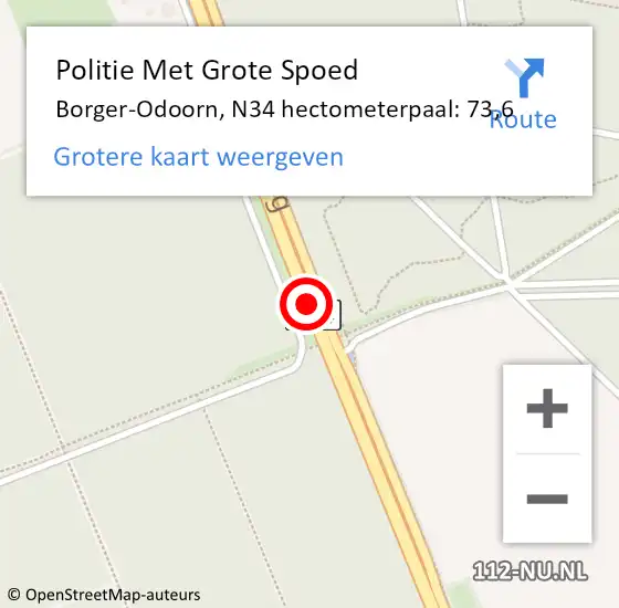 Locatie op kaart van de 112 melding: Politie Met Grote Spoed Naar Borger-Odoorn, N34 hectometerpaal: 73,6 op 9 juni 2024 12:46