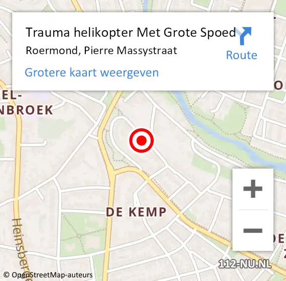 Locatie op kaart van de 112 melding: Trauma helikopter Met Grote Spoed Naar Roermond, Pierre Massystraat op 9 juni 2024 12:50