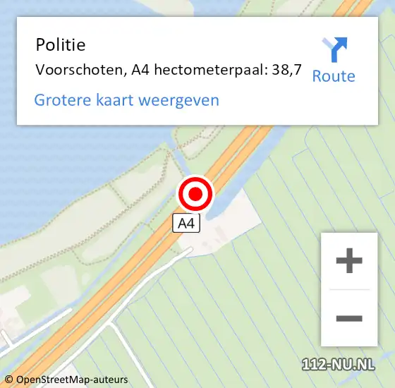 Locatie op kaart van de 112 melding: Politie Voorschoten, A4 hectometerpaal: 38,7 op 9 juni 2024 13:22