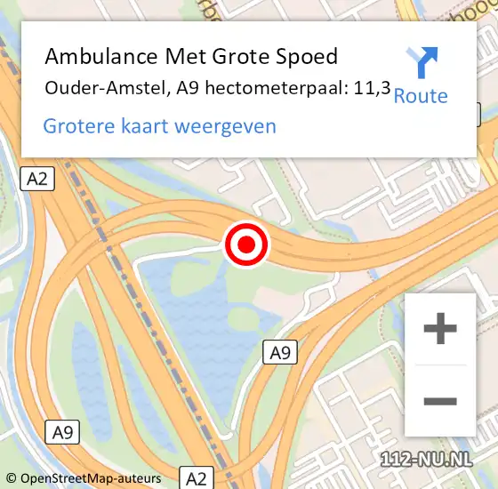 Locatie op kaart van de 112 melding: Ambulance Met Grote Spoed Naar Ouder-Amstel, A9 hectometerpaal: 11,3 op 9 juni 2024 13:32