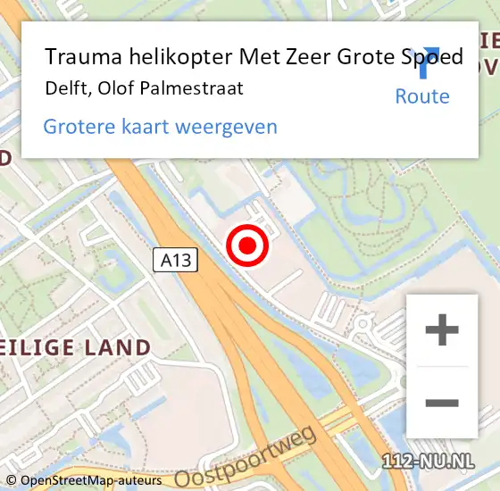 Locatie op kaart van de 112 melding: Trauma helikopter Met Zeer Grote Spoed Naar Delft, Olof Palmestraat op 9 juni 2024 15:14