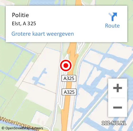 Locatie op kaart van de 112 melding: Politie Elst, A 325 op 9 juni 2024 15:15