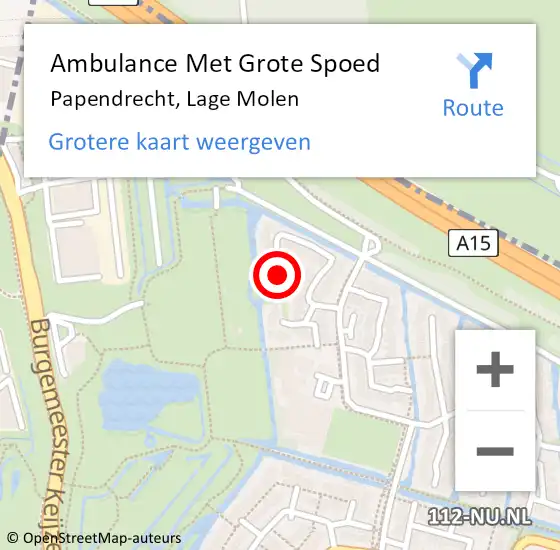 Locatie op kaart van de 112 melding: Ambulance Met Grote Spoed Naar Papendrecht, Lage Molen op 9 juni 2024 15:29