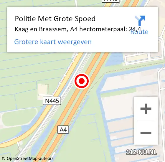 Locatie op kaart van de 112 melding: Politie Met Grote Spoed Naar Kaag en Braassem, A4 hectometerpaal: 24,4 op 9 juni 2024 15:31