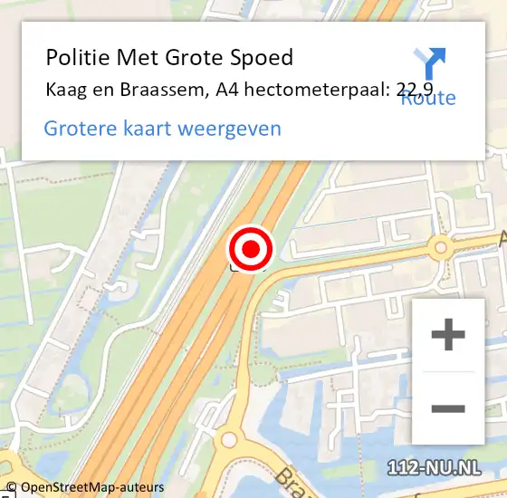 Locatie op kaart van de 112 melding: Politie Met Grote Spoed Naar Kaag en Braassem, A4 hectometerpaal: 22,9 op 9 juni 2024 15:33