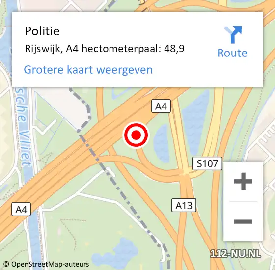 Locatie op kaart van de 112 melding: Politie Rijswijk, A4 hectometerpaal: 48,9 op 9 juni 2024 15:54
