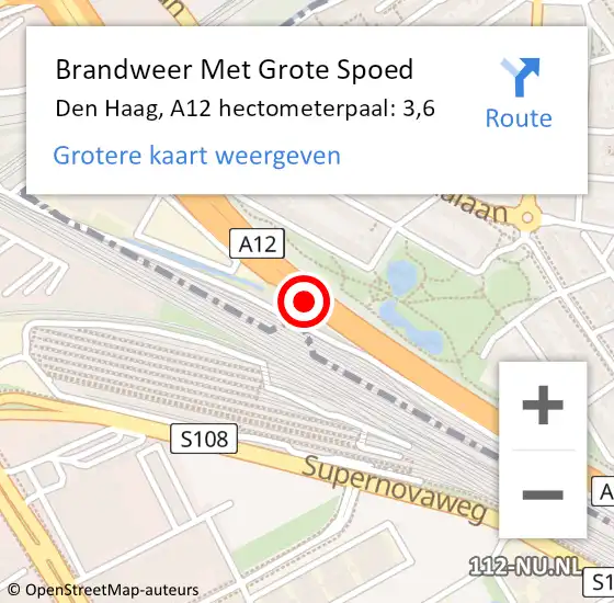 Locatie op kaart van de 112 melding: Brandweer Met Grote Spoed Naar Den Haag, A12 hectometerpaal: 3,6 op 9 juni 2024 16:07