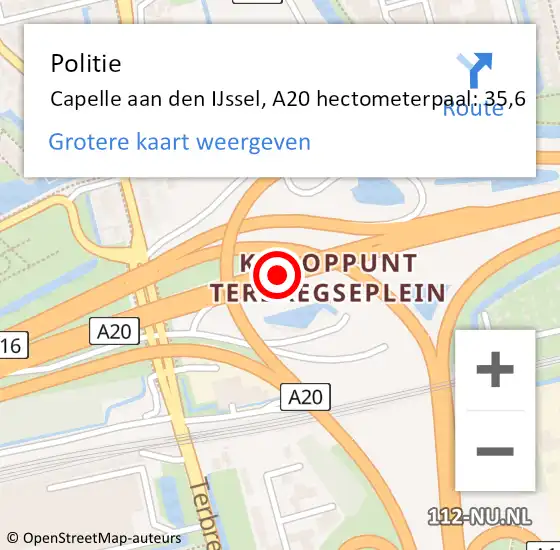 Locatie op kaart van de 112 melding: Politie Capelle aan den IJssel, A20 hectometerpaal: 35,6 op 9 juni 2024 16:14
