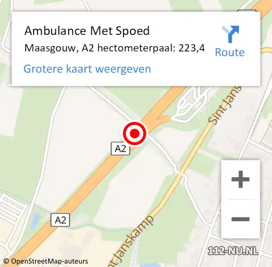 Locatie op kaart van de 112 melding: Ambulance Met Spoed Naar Maasgouw, A2 hectometerpaal: 223,4 op 9 juni 2024 16:16