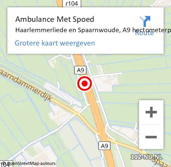 Locatie op kaart van de 112 melding: Ambulance Met Spoed Naar Haarlem, A9 hectometerpaal: 45,5 op 9 juni 2024 16:35