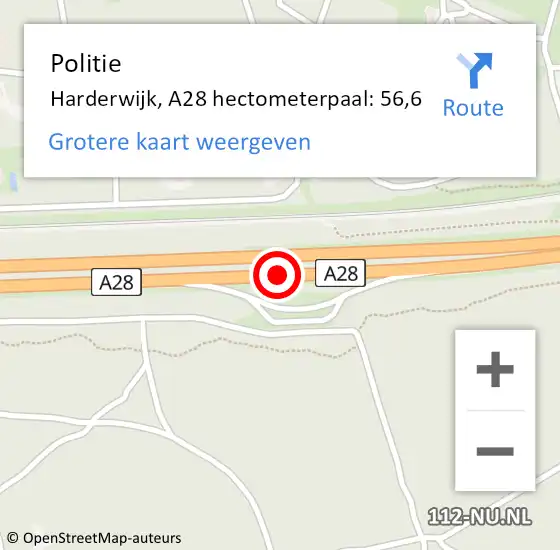 Locatie op kaart van de 112 melding: Politie Harderwijk, A28 hectometerpaal: 56,6 op 9 juni 2024 19:05