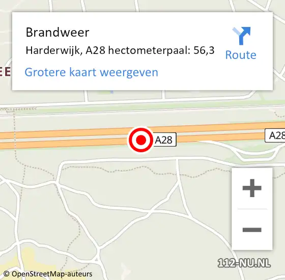 Locatie op kaart van de 112 melding: Brandweer Harderwijk, A28 hectometerpaal: 56,3 op 9 juni 2024 19:24