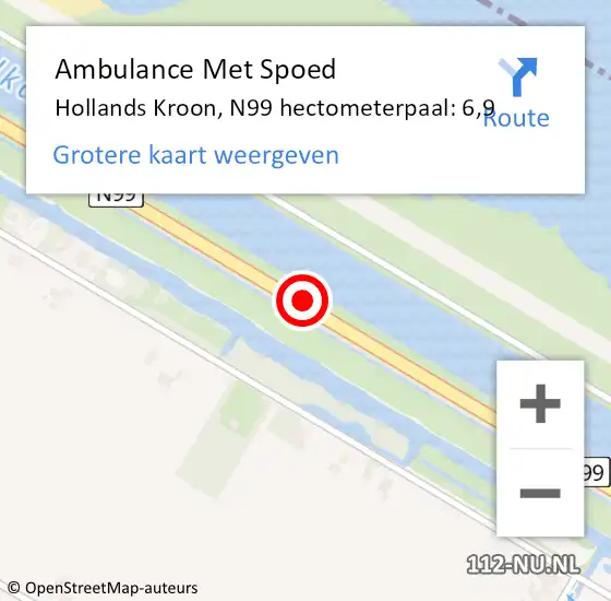 Locatie op kaart van de 112 melding: Ambulance Met Spoed Naar Hollands Kroon, N99 hectometerpaal: 6,9 op 9 juni 2024 20:37