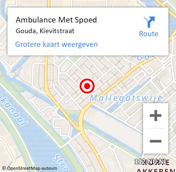 Locatie op kaart van de 112 melding: Ambulance Met Spoed Naar Gouda, Kievitstraat op 9 juni 2024 20:43